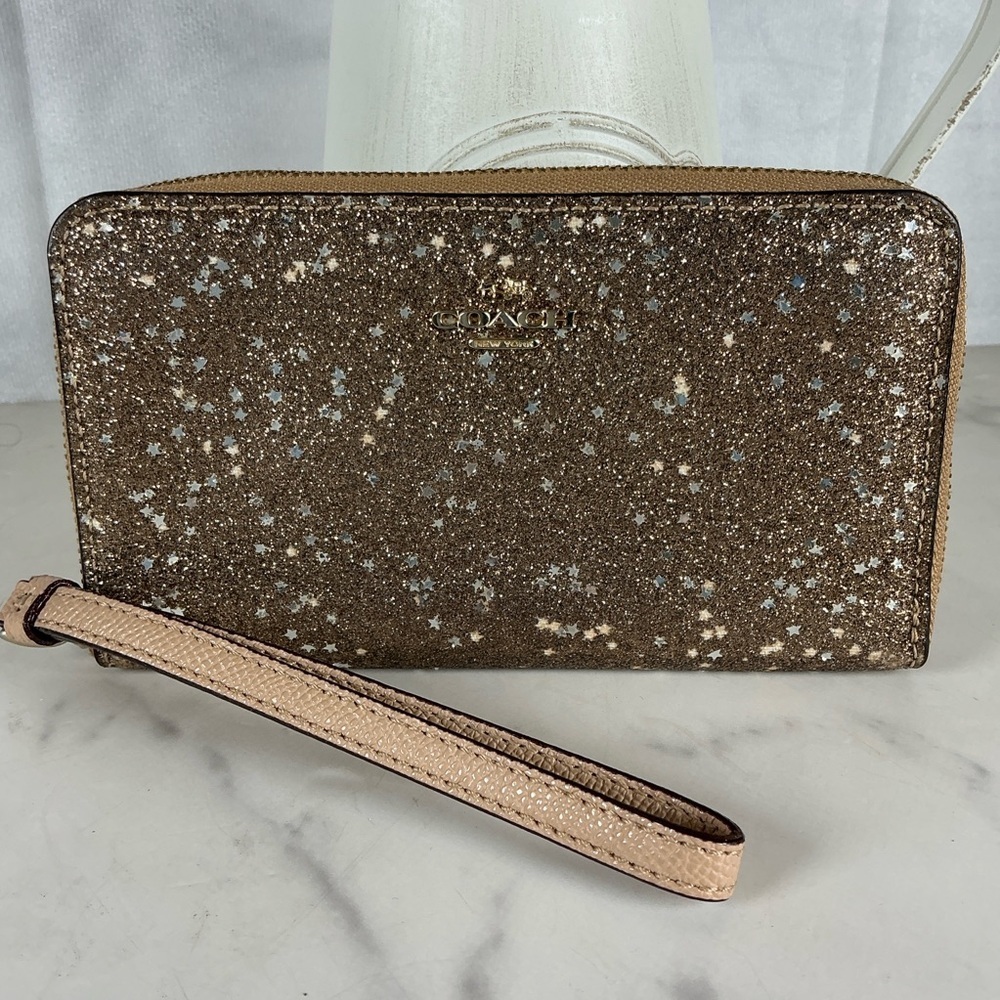 Coach Sparkly Glittering Brown Gold Metallic Wristlet Wallet